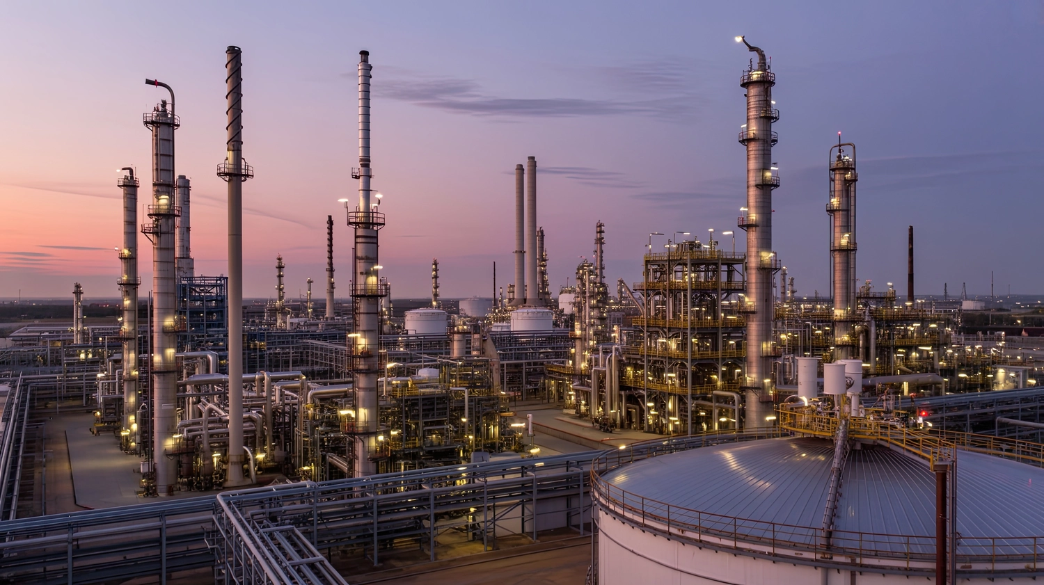 MK - Schweißtechnik - Luftaufnahme einer großen industriellen Ölraffinerie in der Abenddämmerung mit beleuchteten Destillationskolonnen, Lagertanks und Verarbeitungsanlagen unter purpurrosa Dämmerungshimmel, mit komplexer metallischer Infrastruktur.